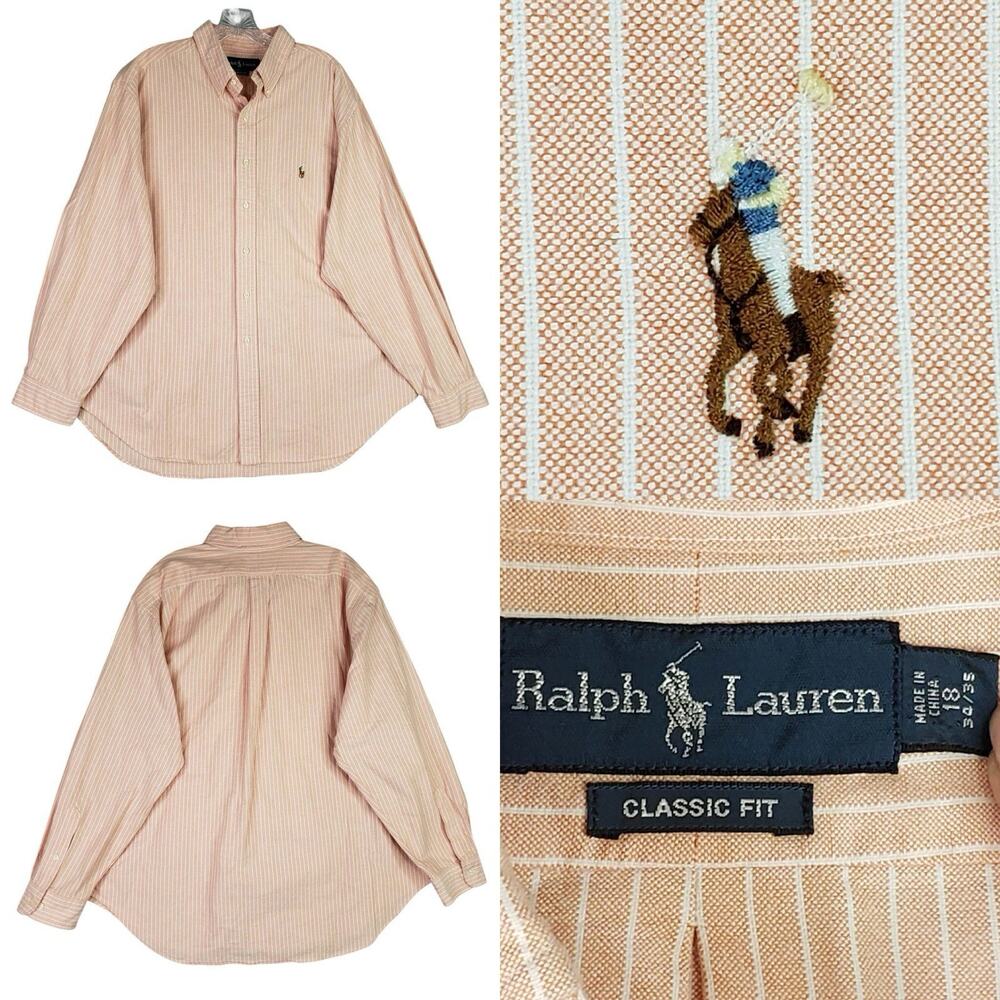 Polo Ralph Lauren Oxford Button Down Shirt LS Orange Striped Mens Size 18 XXL
